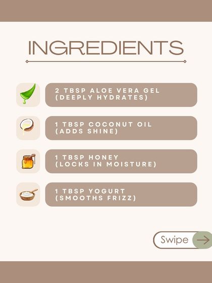 For our DIY shiny hair mask, you will need these four ingredients: aloe vera gel for hydration, coconut oil for shine, honey to lock in moisture, and yogurt to smooth frizz.