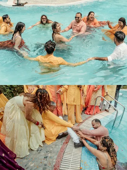 The Haldi pool party! Capturing the hilarious and joyful moments as the couple and their friends celebrate in the water.