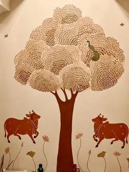 A Pichwai-inspired temple wall mural. I used a subtle color palette and intricate textures to create a modern interpretation of this traditional art form, featuring cows under a textured tree. It's perfect for a contemporary mandir.