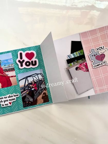 An inside page of the birthday memory album, showing how I use different patterns and stickers like "You complete me" to frame the photos.