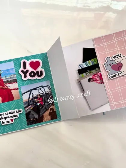 An inside page of the birthday memory album, showing how I use different patterns and stickers like "You complete me" to frame the photos.