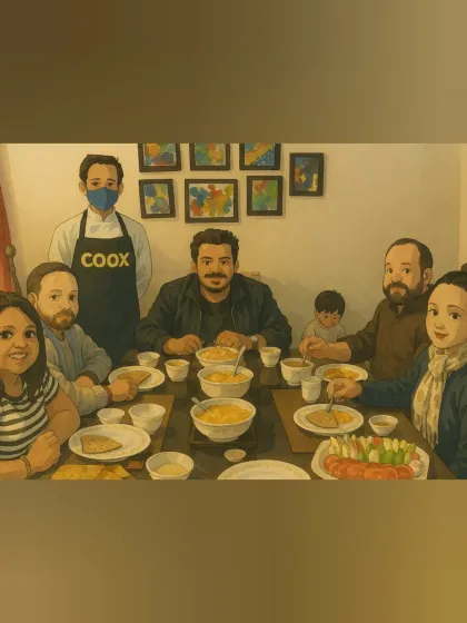 An artistic representation of a family gathering with a professional waiter ensuring everyone is cared for. This is the stress-free hosting experience I provide.