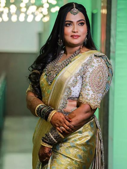 Additional views showcasing the variety and detail of my heirloom bridal sarees. Each image captures a different angle, moment, or detail, from full portraits to close ups of the fabric and embroidery, illustrating the complete story of each bride's custom creation.