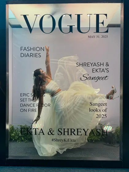 Turning a sangeet event into a high-fashion moment. This mock Vogue cover shows my ability to create aspirational, editorial-style images that are perfect for print.