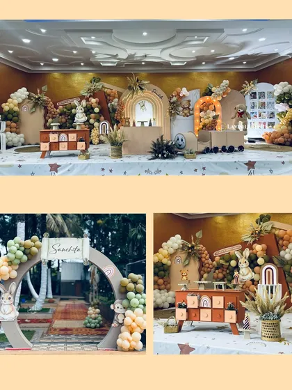 This collage shows the versatility of our boho theme, including a wide stage view, a personalized entrance arch, and close-ups of the decor elements.