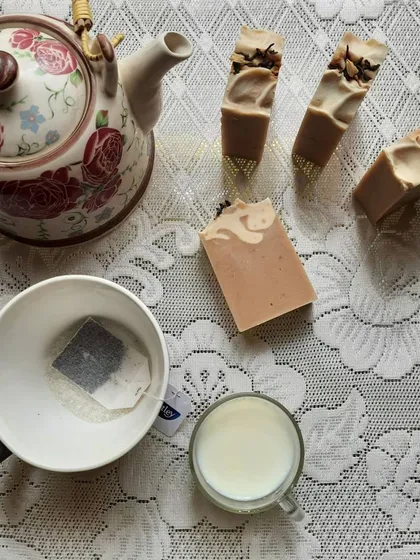 A tea party with my Earl Grey Tea soap bars. I brew real Earl Grey tea to use as the liquid in this soap and scent it with a bright blend of Bergamot, Lemon, and Spearmint oils.