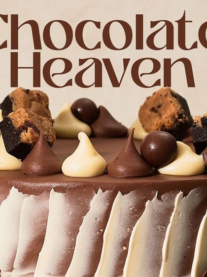 A detailed close-up of the toppings on the Chocolate Heaven cake, including brownie pieces and piped kisses of dark and white chocolate ganache.