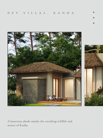 A design detail of a villa exterior at Dev Villas, Kanha. The combination of a thatched roof, stone walls, and wooden elements creates a rustic yet luxurious aesthetic.