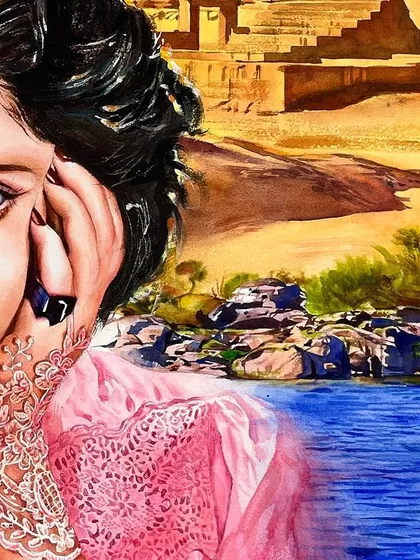 A close-up of the commissioned Asmahan watercolor, focusing on her expressive eyes and the details of the Egyptian landscape in the background.