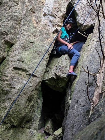 Meet Neena, who discovered climbing in London but found her community in Bangalore. Here she is in a chimney climb, showcasing one of the many styles of climbing we enjoy.