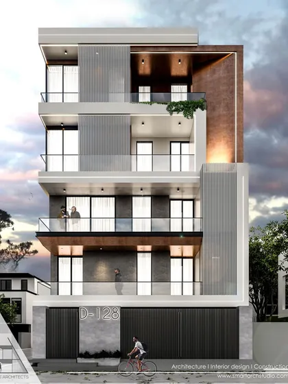 The front elevation for the Ashok Vihar residence, showing a balanced composition of recessed balconies, glass railings, and a material palette of wood, concrete, and plaster.