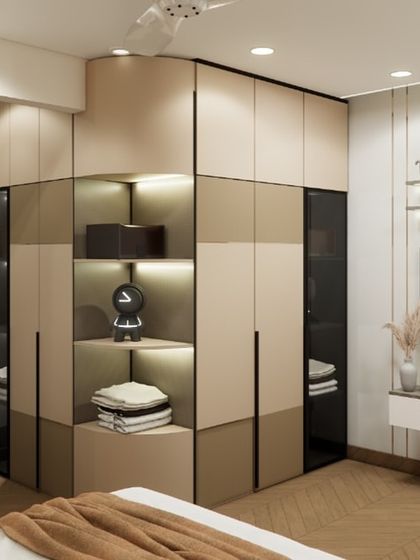 This render showcases a bedroom with a smart and stylish storage solution. The wardrobe features a mix of closed and open-lit shelves, seamlessly integrating with a compact TV unit for a clean, uncluttered look.