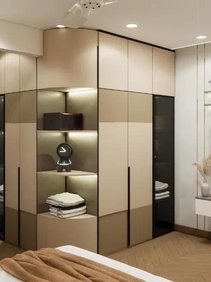 This render showcases a bedroom with a smart and stylish storage solution. The wardrobe features a mix of closed and open-lit shelves, seamlessly integrating with a compact TV unit for a clean, uncluttered look.