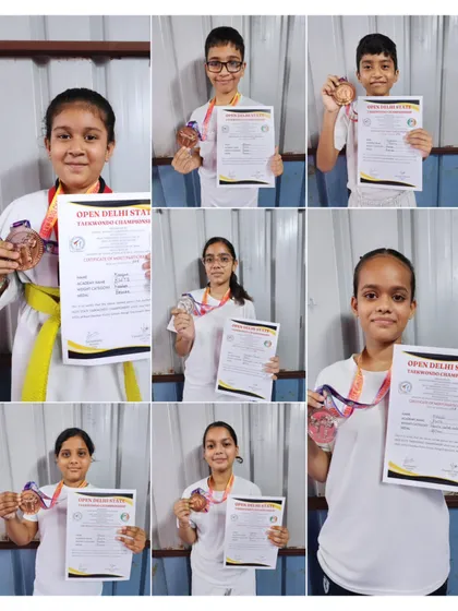 More successful students from the Open Delhi State Taekwondo Championship 2024, proudly showing their medals.