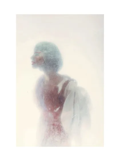 A highly abstract and ethereal portrait. The model is styled with a bob and red lipstick, but her form is almost completely lost in a white, misty haze, creating a ghostly and beautiful image.