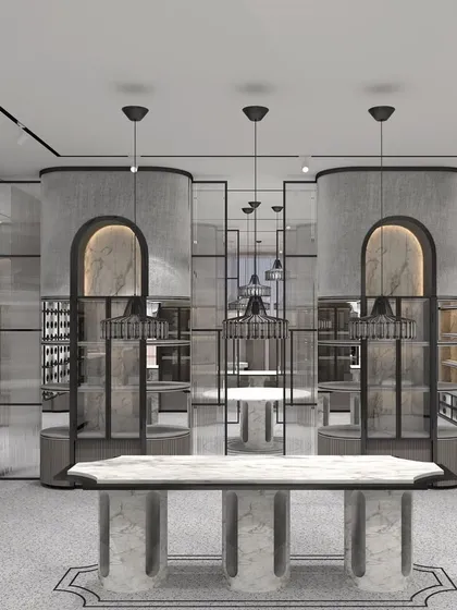 Another render of the Izzhar store, showing the interplay of grand architectural elements like arches and columns with modern retail displays. The design creates a sense of timeless luxury, perfect for a high-end gifting brand.