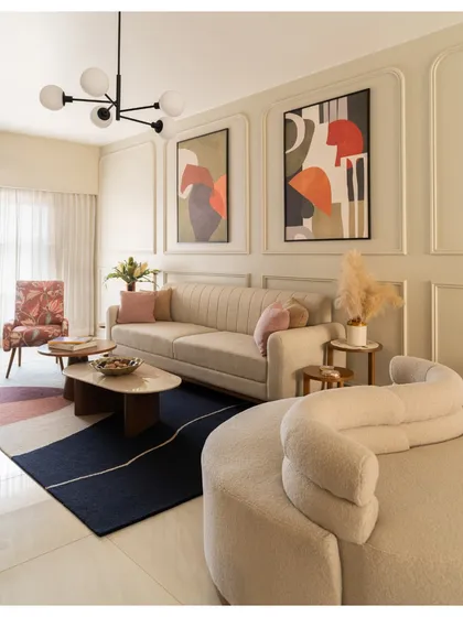 This living room showcases our take on Neo Japandi style, blending minimalism with warmth. We used a soothing beige palette, clean lines, and curated abstract art to create a space that feels both modern and timeless.