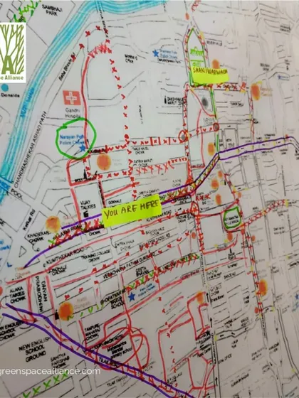 A hand-drawn map used for a community walk during Pedestrian Day in Pune. This highlights the importance of grassroots engagement and collaborative planning in reimagining our urban spaces to be more pedestrian-friendly.