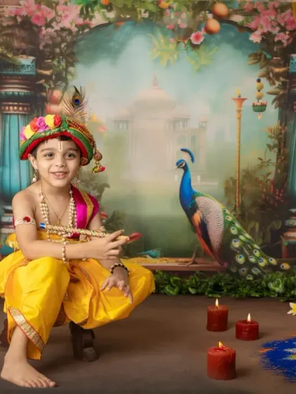 A confident pose from a young boy dressed as Krishna, sitting regally in front of the colorful rangoli and palace backdrop.