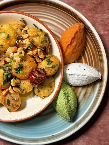 A tribute on a plate. For Independence Day, I created this special dish of mini idlis served with tricolour chutneys, celebrating the flavours of India.