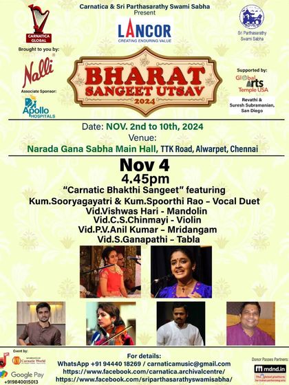 Another concert announcement for a "Carnatic Bhakthi Sangeet" vocal duet in Chennai. I was thrilled to be joined by a diverse ensemble including mandolin and tabla, adding a unique flavor to the concert.