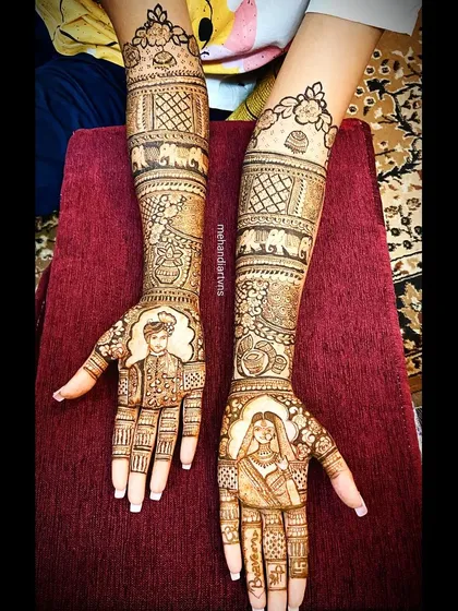 A classic bride and groom portrait mehandi. I work from photographs to capture your likeness, creating a stunning centerpiece for your bridal henna design.