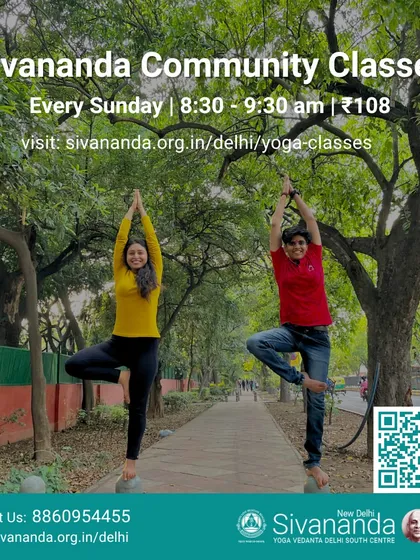 An announcement for our Sunday community classes. The image of two people practicing Vrikshasana (Tree Pose) in a park reflects the balance and harmony we aim to cultivate.