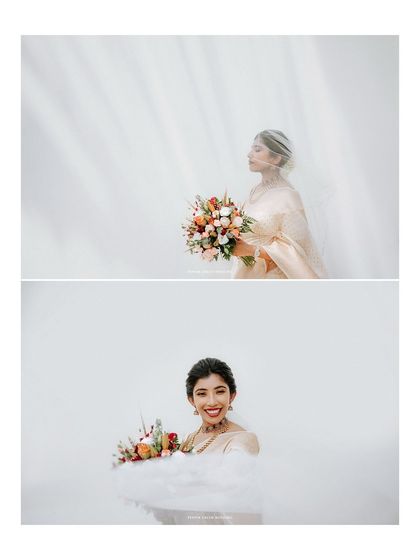 A creative collage with ethereal, dreamy portraits of the bride with her veil and bouquet.