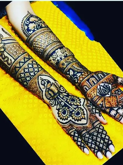 An elegant design that uses bold lines and spacing to create a modern yet traditional look, featuring lotus and peacock motifs.