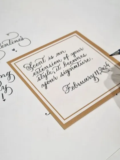 A finished piece with a beautiful quote about fragrance, created for a customer at the perfume store. I can scribe brand messages, quotes, or personal notes to align with your campaign's theme.