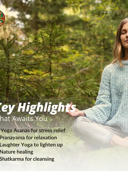 Key highlights of our Stress Reset Workshop include Yoga Asanas for stress relief, Pranayama for relaxation, Laughter Yoga to lighten up, and Shatkarma for internal cleansing, all designed to restore your balance.