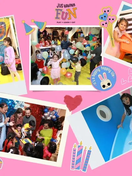 A collage of joy from a birthday bash. This image captures all the elements of a great party: a magic show, balloon fun, cake cutting, and kids having a blast on the slides.