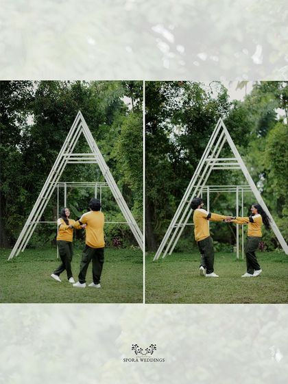 A diptych of the couple dancing and playing in front of a large A-frame structure, a fun and creative pre-wedding shoot.