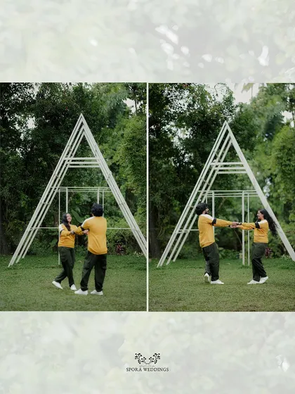 A diptych of the couple dancing and playing in front of a large A-frame structure, a fun and creative pre-wedding shoot.