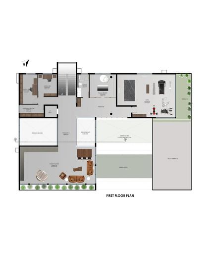 The first-floor plan of the residential project. The drawing details the layout of the living areas, gym, and outdoor spaces, showcasing a design focused on smart, efficient, and aesthetic living.
