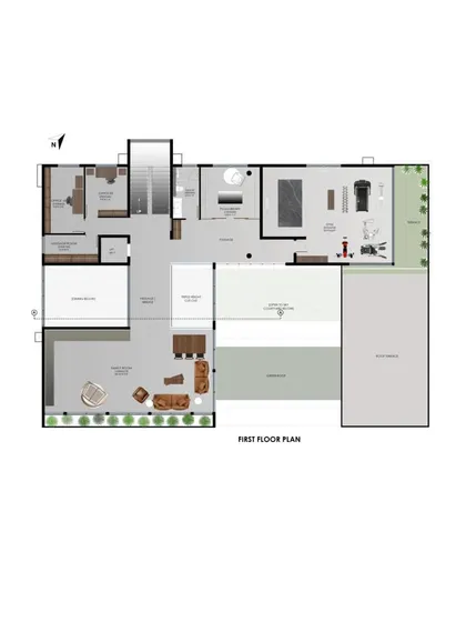 The first-floor plan for the residential project, detailing the layout of the living spaces, gym, and outdoor areas.