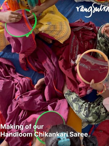 This image captures the making of our Handloom Chikankari sarees, a process filled with color, community, and craft. From the loom to the embroidery hoop, each saree is shaped by many hands.