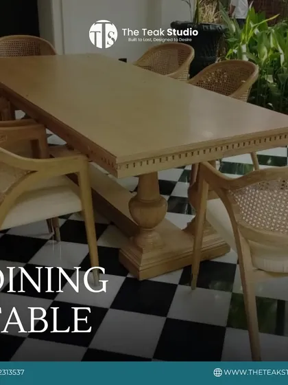 For this farmhouse project in NCR, I crafted a classic dining set from solid teak wood. The table features a robust pedestal base and intricate edge detailing, paired with comfortable armchairs that combine a solid wood frame with natural rattan weaving.