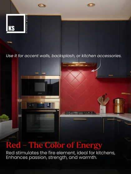 Red stimulates the fire element and is the color of energy and passion. Use it for an accent wall or backsplash to add warmth and strength to your kitchen.