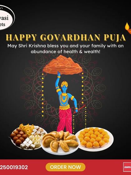Happy Govardhan Puja. May Shri Krishna bless you with health and wealth. Celebrate with my festive sweets like Gujiya and Ladoo.