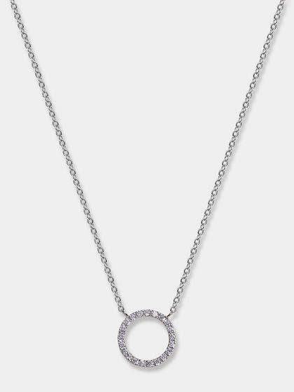 A simple and elegant silver necklace with a crystal-lined circular pendant. The clean white background makes this piece look timeless and sophisticated.