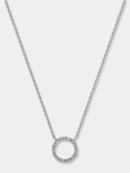 A simple and elegant silver necklace with a crystal-lined circular pendant. The clean white background makes this piece look timeless and sophisticated.
