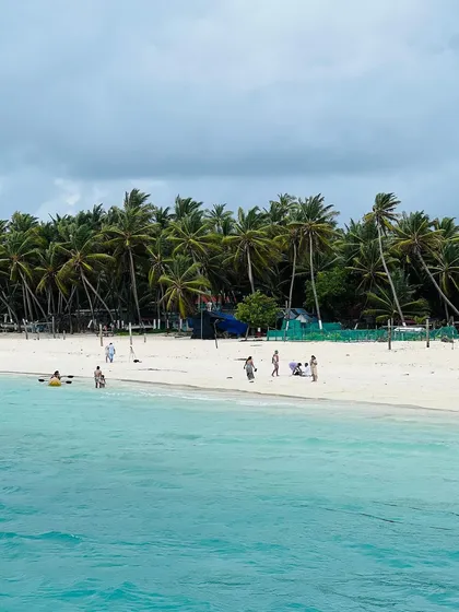 A classic tropical scene from Lakshadweep with palm trees, white sand, and clear blue water.