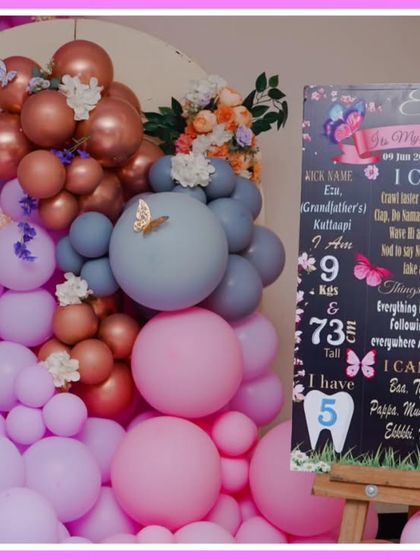 A personalized milestone board for a butterfly-themed first birthday, detailing the baby's achievements and favorites.