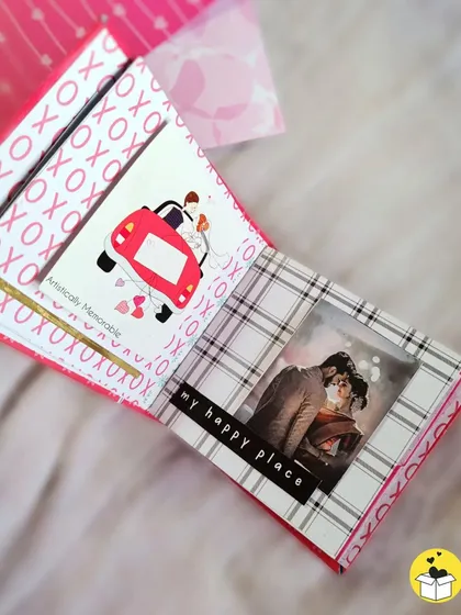 This page declares 'my happy place' over a sweet couple's photo. These mini albums are all about personal touches.