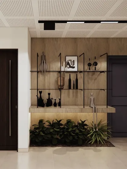 A feature wall concept for a home office, using wood paneling and minimalist shelving to create a stylish and organized entryway.