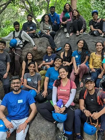 The amazing group from our 43rd Intro Workshop, which was entirely led by women. The monsoon skies and lush greenery of Athrani Gudda provided a perfect setting for a day of empowerment and climbing.