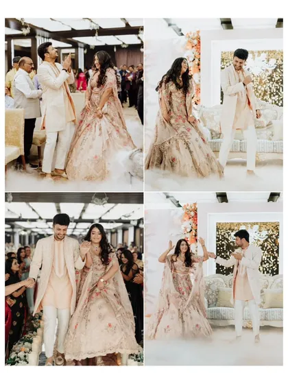 The grand entrance of Aayushi and Ameya, surrounded by theatrical smoke. This series of shots captures the energy and excitement of their celebration as they dance their way in.