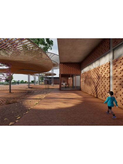 A child runs along a terracotta-paved path, where a textured brick wall meets a delicate, perforated canopy. This render captures the confluence of open and closed spaces that defines our design for The Atelier.