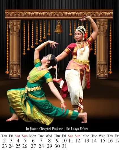 We honor the roots of dance with dedicated classical training. This beautiful shot from our studio calendar features students performing Kuchipudi and Bharatanatyam, showcasing the grace and discipline we teach.